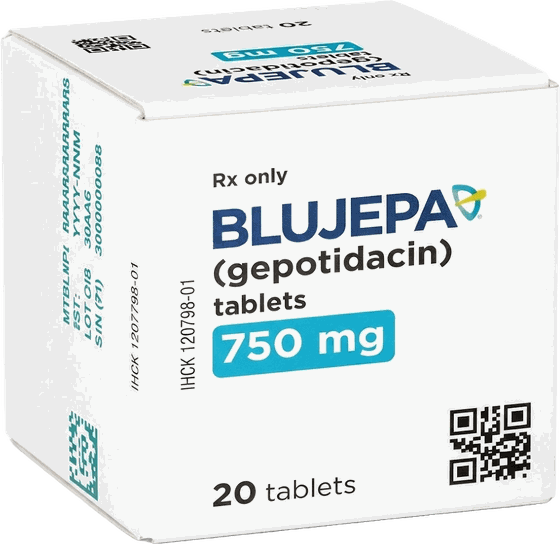Blujepa (gepotidacin) 750 mg tablets, 20 count box